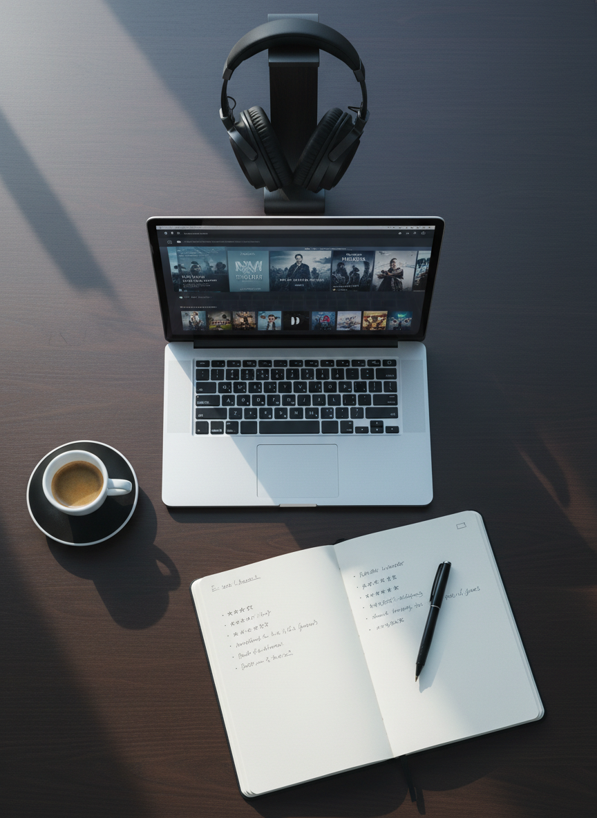 An overhead shot of a sleek, dark wooden desk meticulously organized with a silver laptop displaying a paused streaming interface of curated films and series, a pair of high-end over-ear headphones with matte metal accents, and a thick, open notebook filled with neatly handwritten review notes and tiny star-rating sketches. A minimalist espresso cup on a black saucer leaves a faint ring on the desk. Soft, cool daylight from an unseen window washes in from the left, creating calm, even illumination and subtle shadows along the objects’ edges. The composition follows a clean, grid-like arrangement with sharp focus throughout, conveying a sophisticated, editorial workspace perfectly suited to in-depth cinema and series commentary in realistic, photographic style.