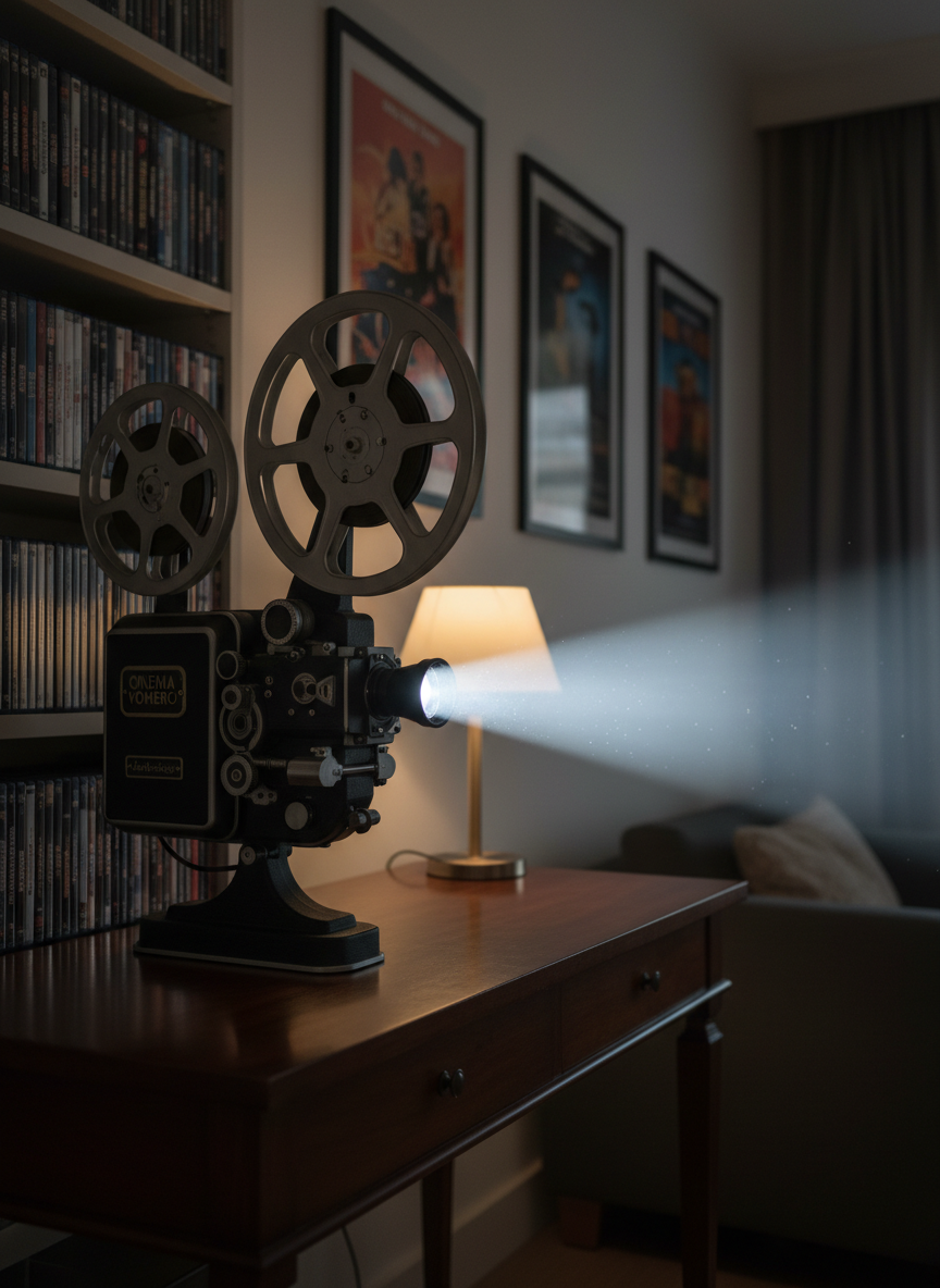 A classic film projector in brushed metal and matte black, meticulously detailed with dials, reels, and a subtle “Cinema Vomero” nameplate, placed on a polished wooden console. The projector casts a sharp beam of light across a dim, sophisticated living-room-like space toward an unseen screen, with faint dust particles visible in the beam. Surrounding shelves contain neatly arranged, spine-out DVD cases and artful, framed movie posters in the background, all softly blurred. Low-key, directional lighting from a single table lamp creates strong contrasts and refined shadows. Shot from a low, side angle emphasizing the projector’s silhouette, the mood is nostalgic yet modern, with a cinematic, photographic style that suggests deep analysis and appreciation of film.